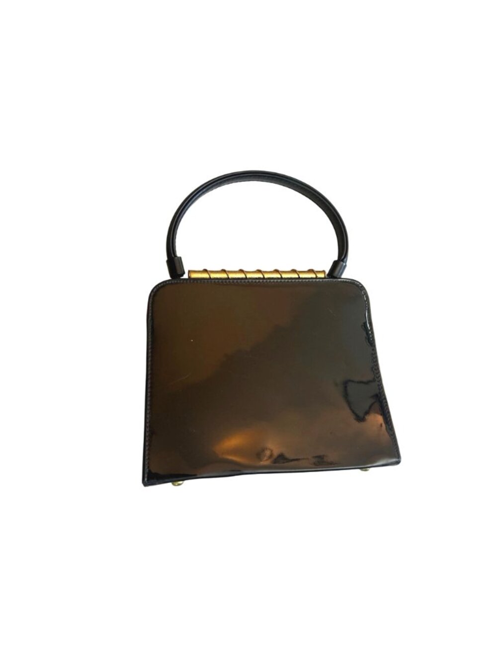 Womens Evening Bag Black Patent Leather Vintage 60s Top Handle Purse Mid Century - Picture 6 of 7
